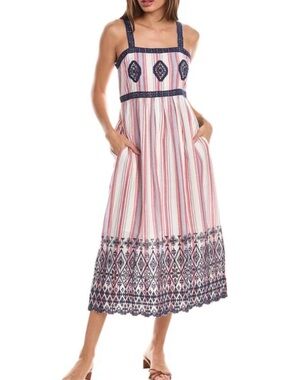 Tyler Boe Candie Embroidered Midi Dress Size 4 Striped Cotton Sundress Pockets